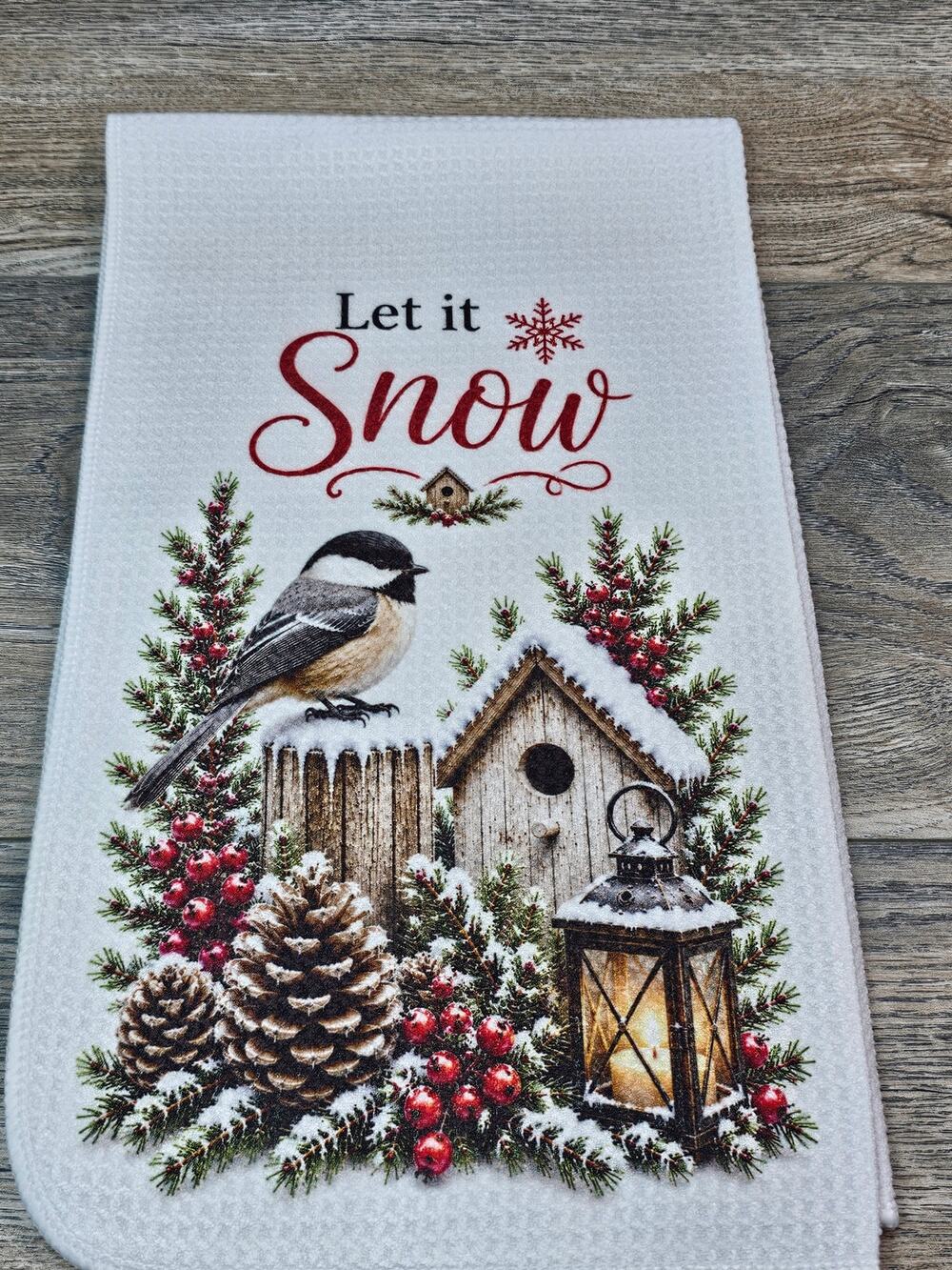Let It Snow Chickadee Winter Kitchen Towel Rustic Farmhouse Birdhouse Decor